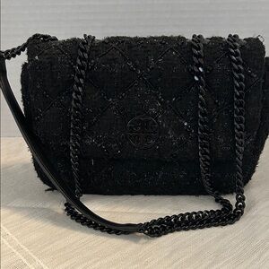 Tory Burch $678 Willa Black Beaded Tweed Small Shoulder Bag, Crossbody, NWT